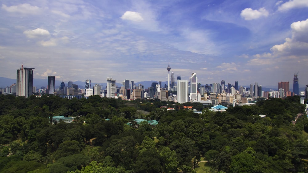 ciudad con edificios de gran altura rodeados de árboles altos y verdes bajo cielos azules y blancos