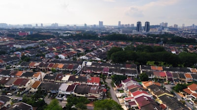 A sprawling suburban neighborhood is depicted, featuring rows of closely-packed houses with colorful roofs. The area is lush with greenery, surrounding the neighborhood with trees and grasslands. In the distant background, a skyline of tall buildings looms under a partially cloudy sky.