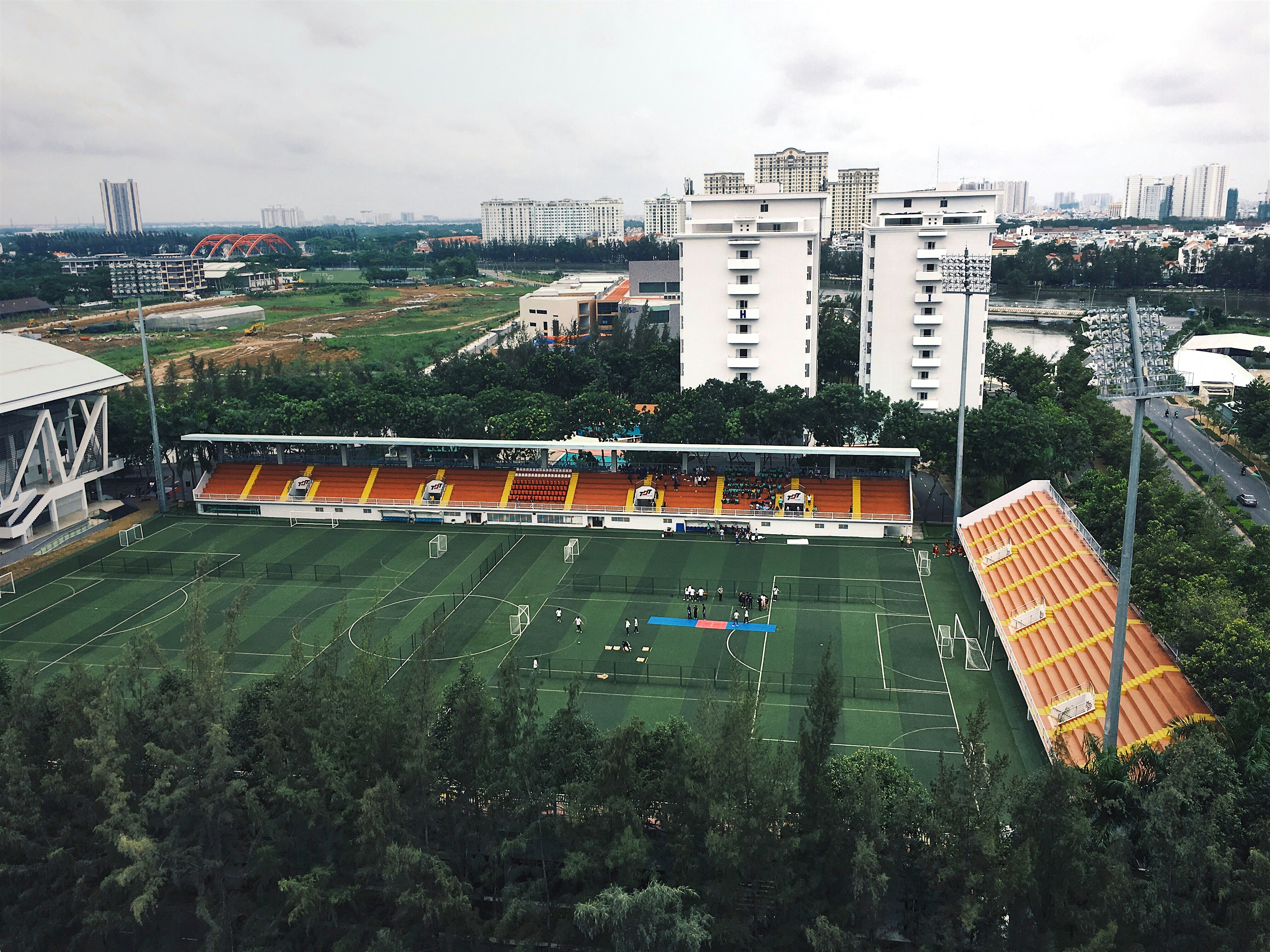 bird's eye view of a green football field