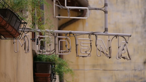 A weathered sign with the letters spelling out 'MODENA' is mounted on a wall. Overgrown plants in metallic planters can be seen alongside the sign, and the background features a textured, yellowish wall.