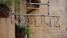 A weathered sign with the letters spelling out 'MODENA' is mounted on a wall. Overgrown plants in metallic planters can be seen alongside the sign, and the background features a textured, yellowish wall.