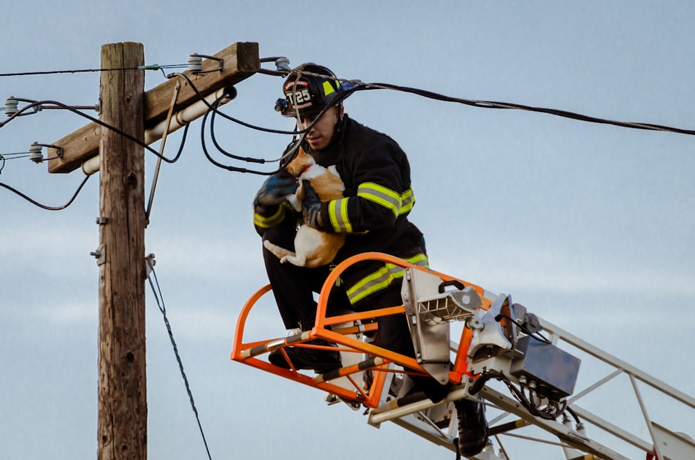 man saving car on utility post