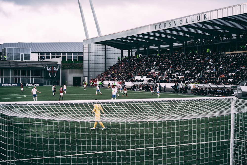 a group of people playing a game of soccer