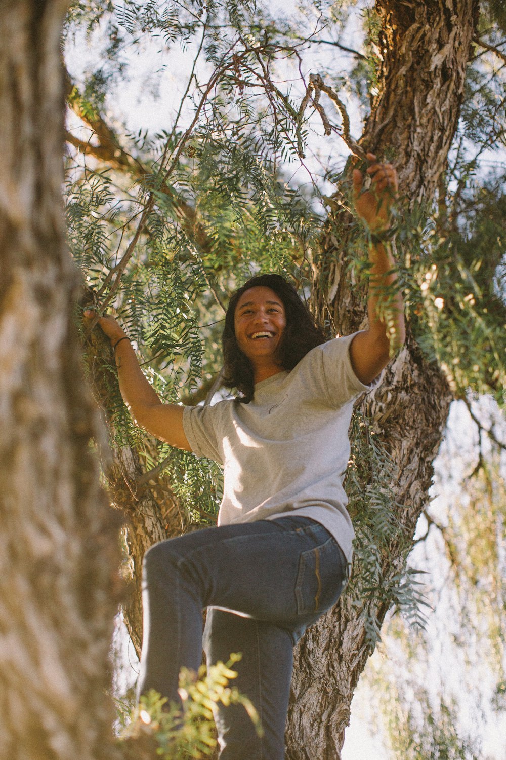 a woman climbing up a tree in a forest