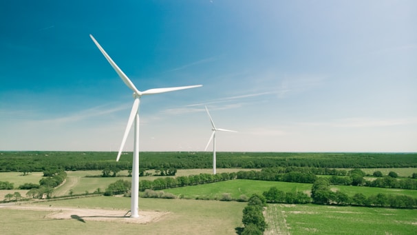 Wide shot of a green landscape with wind turbines spinning gently in the background.