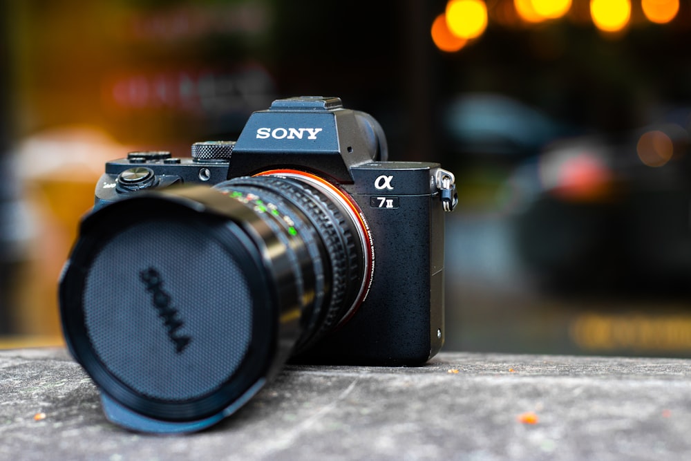 shallow focus photography black Sony DSLR camera
