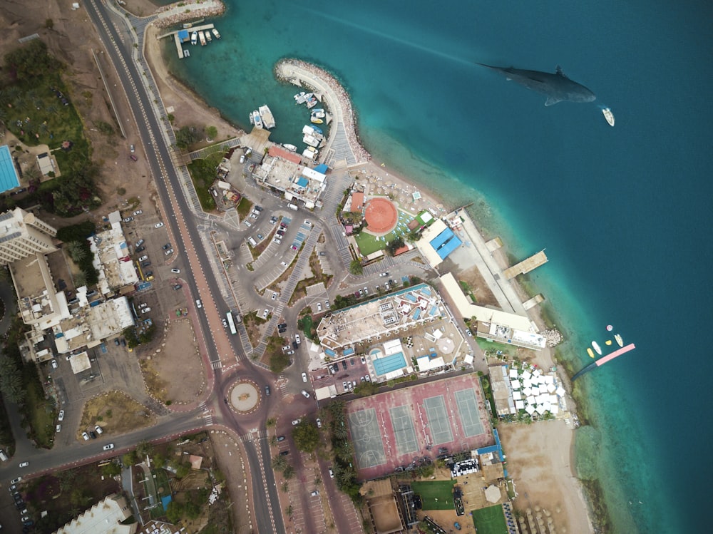 aerial photography of buildings beside blue beach