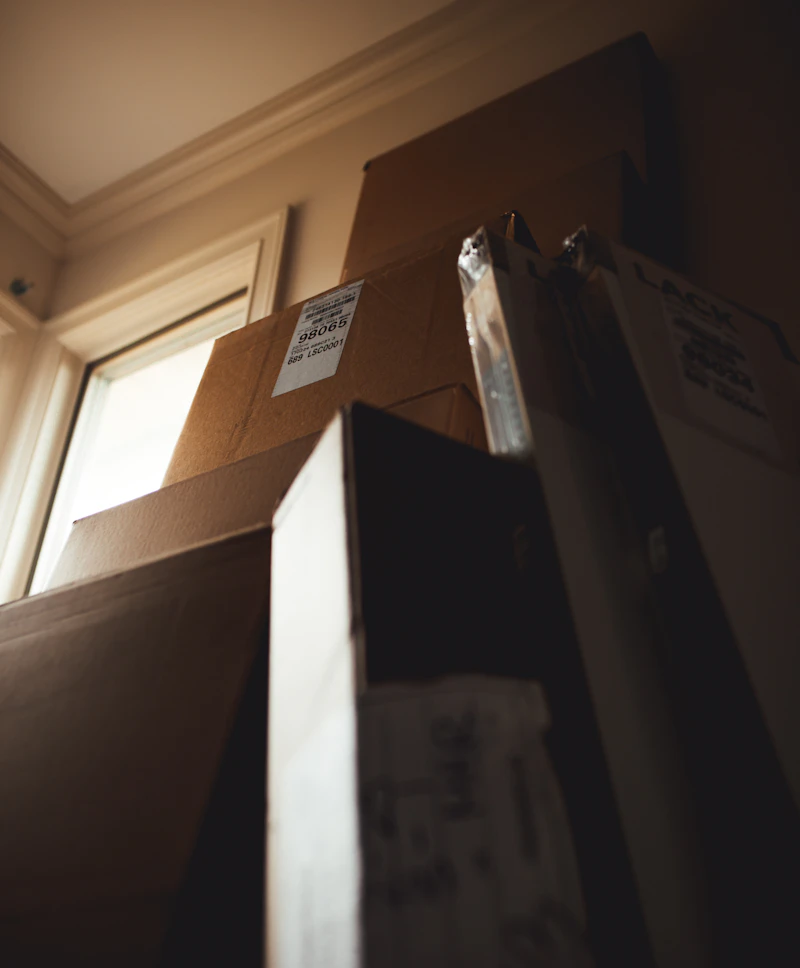 Packed boxes and furniture in a sunlit room
