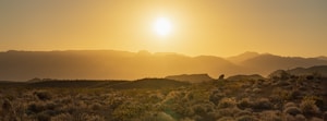 The image depicts a vast desert landscape at sunset. The sun is low on the horizon, casting a warm golden hue over the scene, with rugged mountains in the background. The foreground is dotted with desert vegetation and rolling hills.