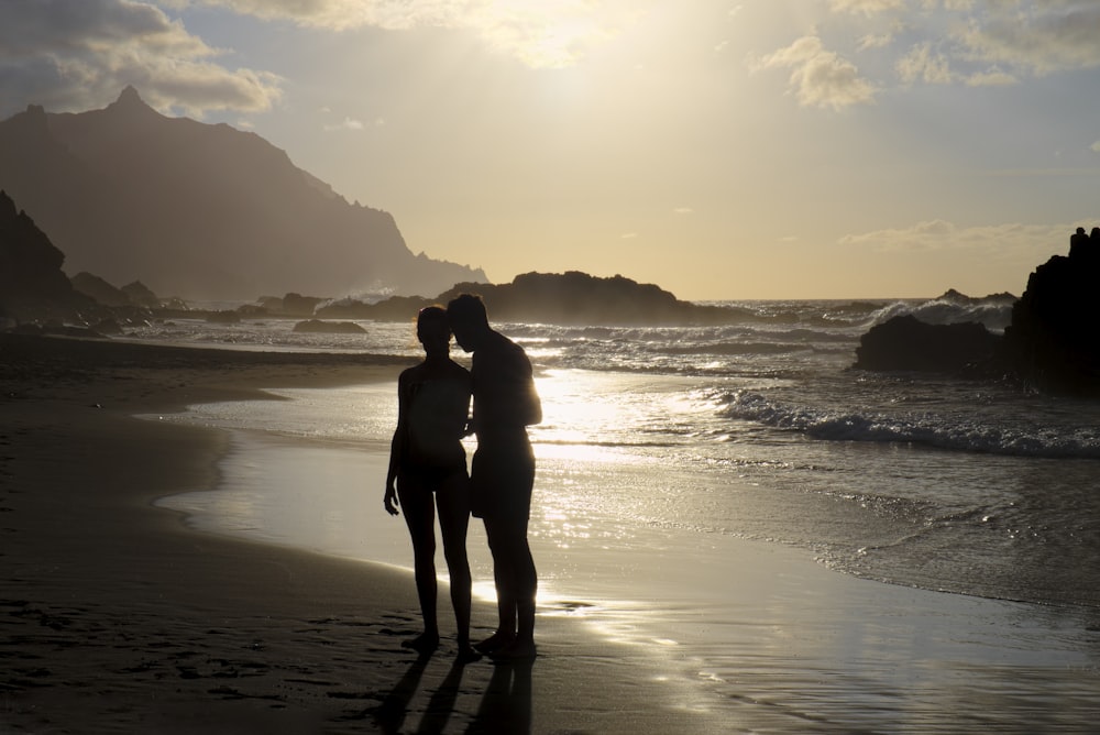 two silhouette of person standing on shore