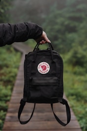 person holding black and red leather backpack
