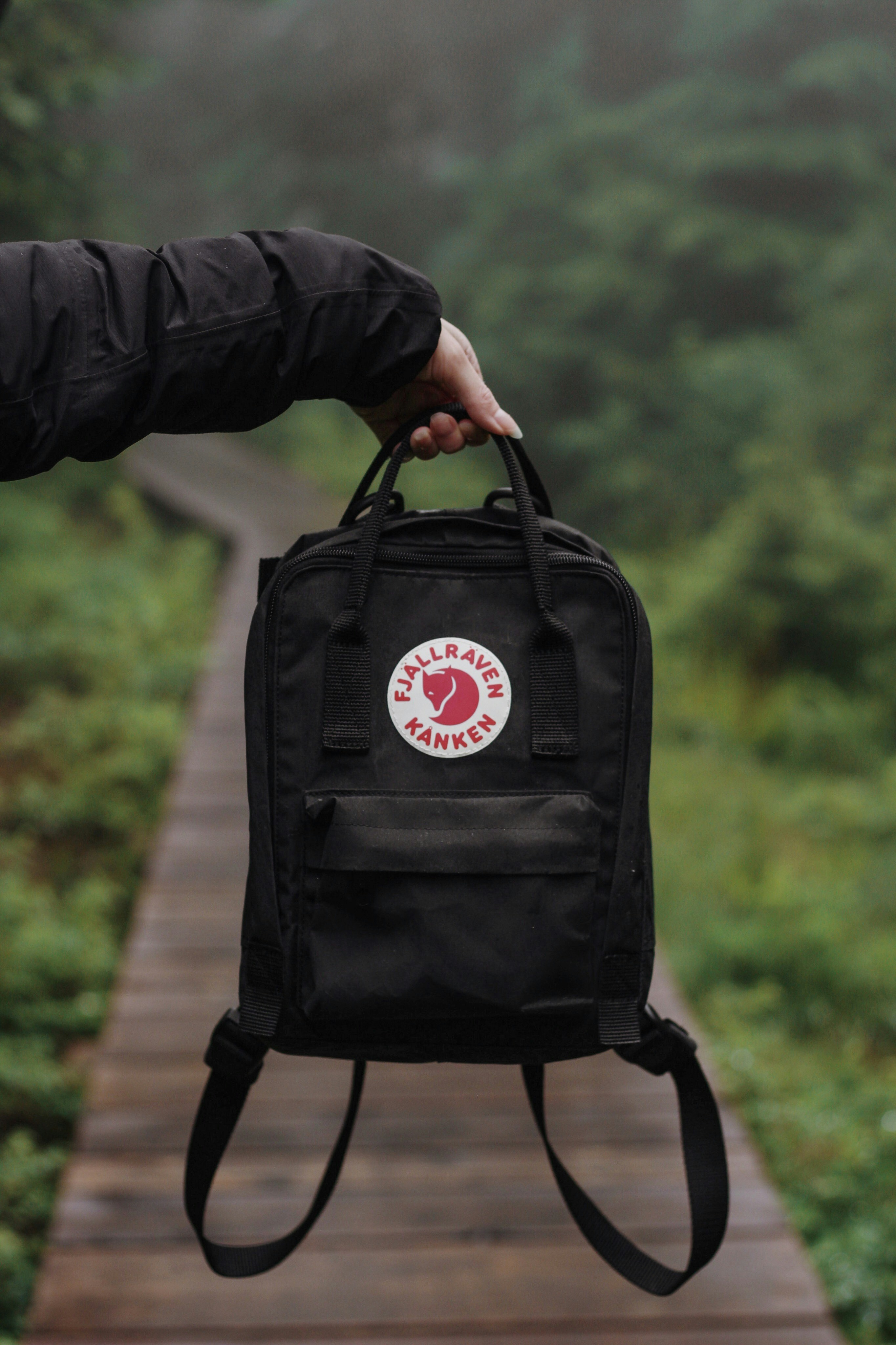 person holding black and red leather backpack