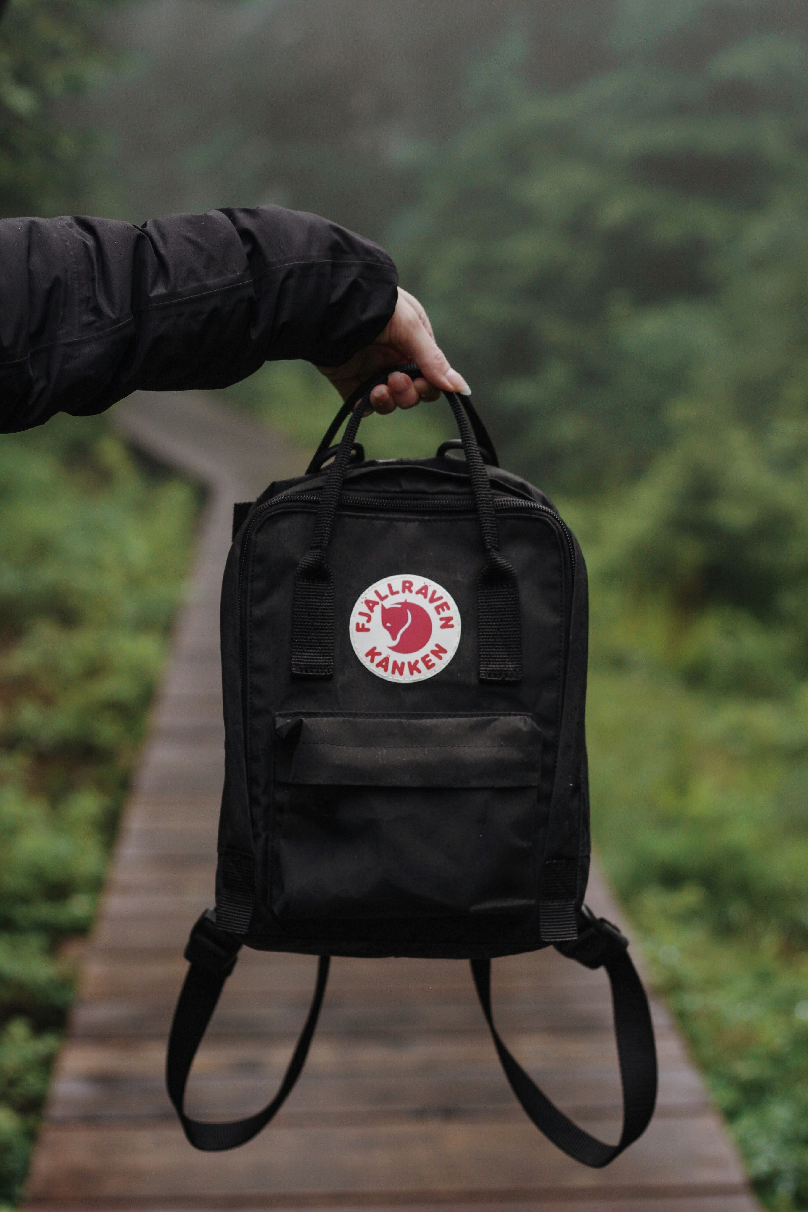 person holding black and red leather backpack