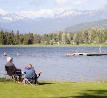 two persons sitting on grass facing the lake