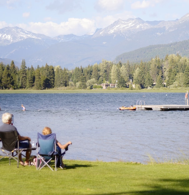 two persons sitting on grass facing the lake