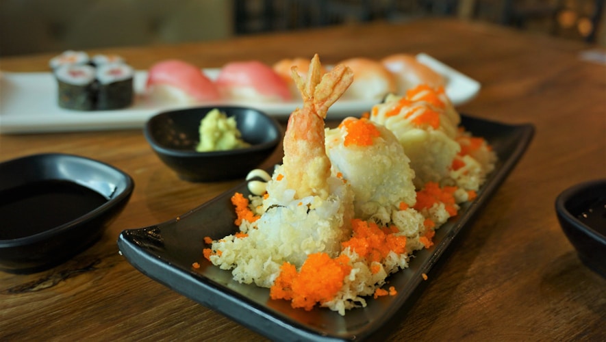 shrimp sushi on platter