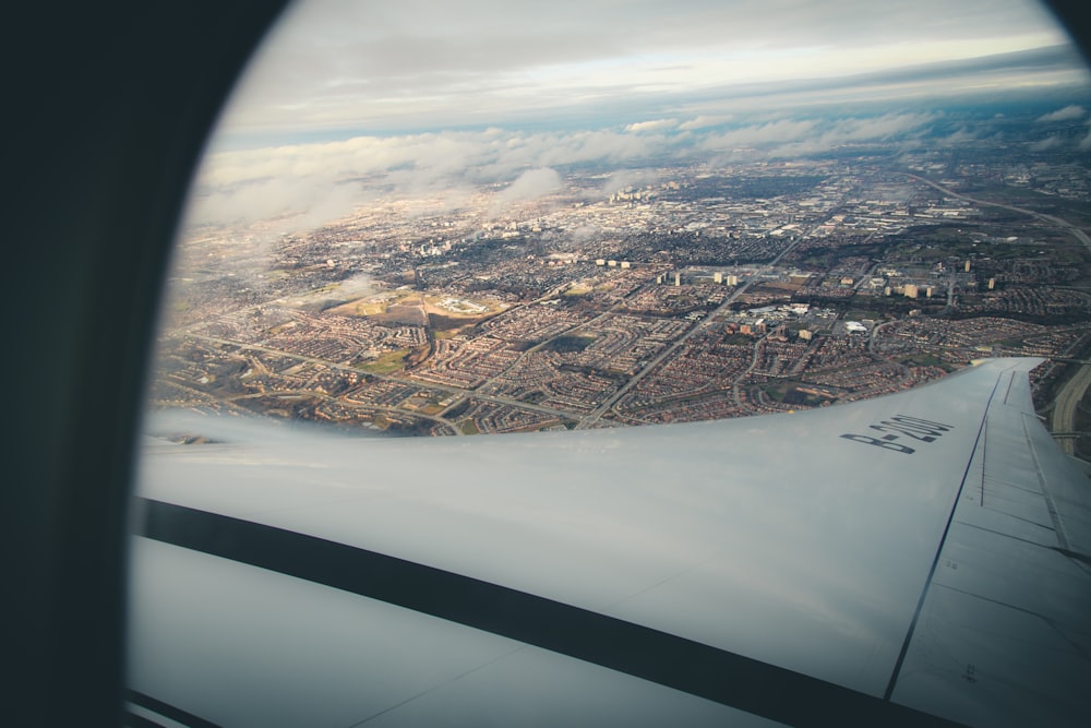 aerial view of right plane wing with overlooking