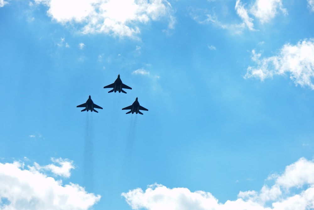 three jet fighters in formation flight under white and blue cloudy sky