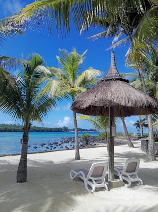 Two white lounge chairs are placed under a thatched-roof umbrella on a sandy beach, shaded by tall palm trees. The turquoise sea, clear blue sky, and distant foliage create a serene beachfront setting.