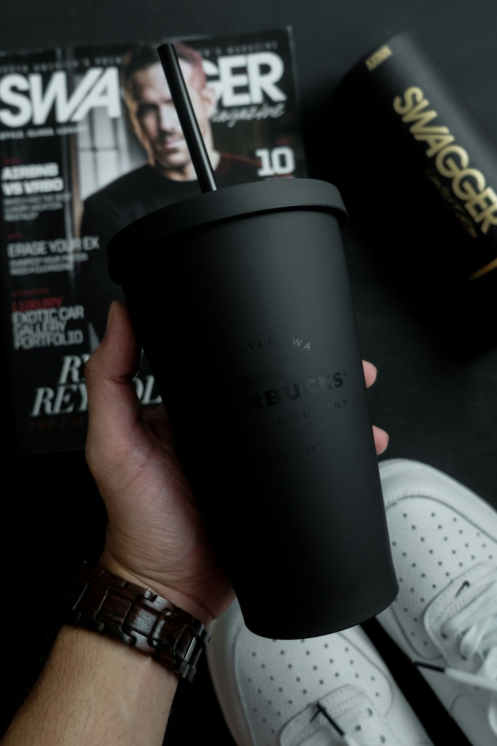 black plastic cup
