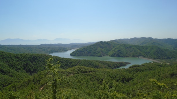 A serene landscape with a winding river and distant mountains under a clear blue sky.