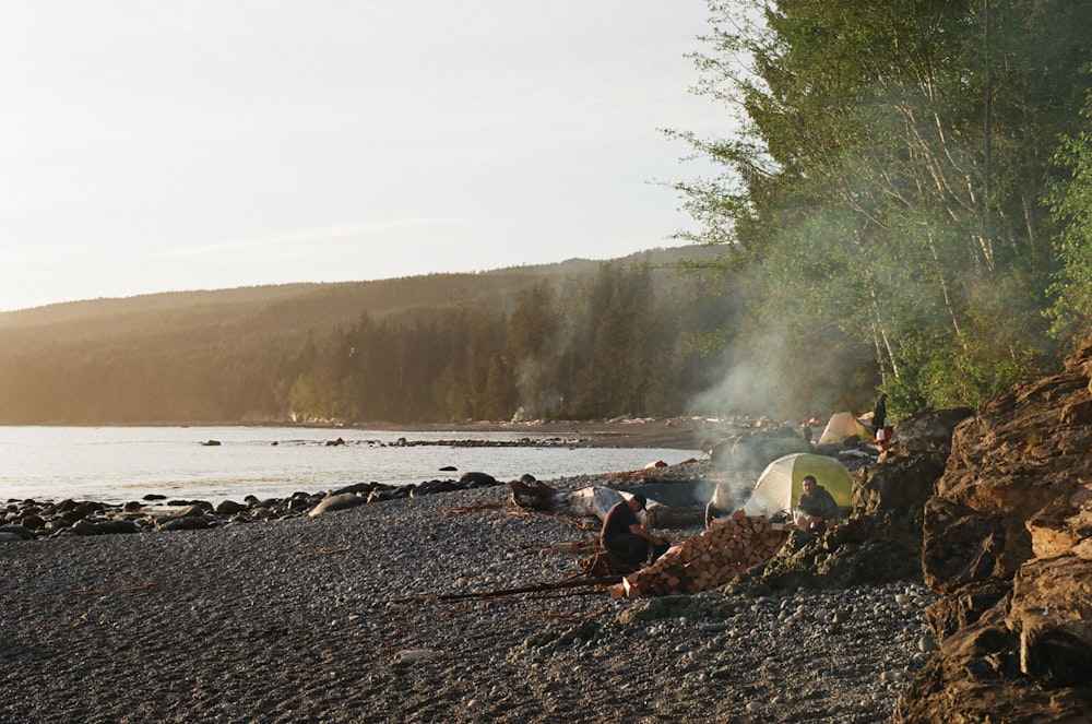 people camping on shore during golden hour