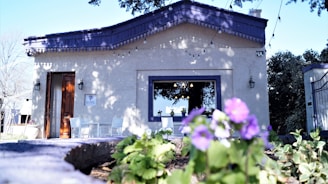 white and blue painted concrete house