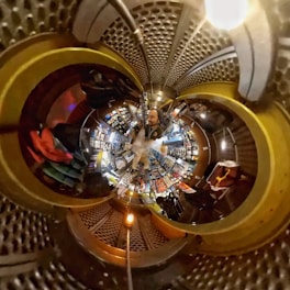 A 360-degree camera setup capturing a vibrant local store interior for a virtual tour.