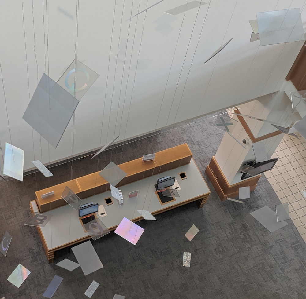 white and brown wooden desk