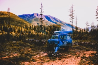 A family SUV parked beside a mountain lake with camping gear on the roof.