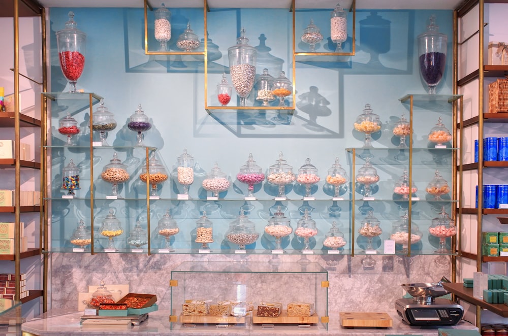 a display case filled with lots of different types of candies