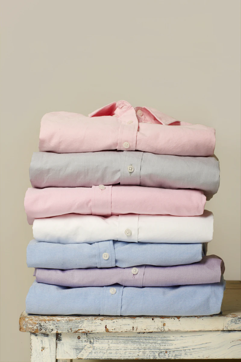 Neat stack of folded, pressed button-up shirts