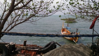 A small wooden boat floats on the water near the shore, surrounded by a few patches of green vegetation and trees with branches extending overhead. The boat is anchored and painted in orange with some blue and white accents. In the foreground, there are old tires and other debris by the water's edge.