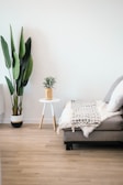 A minimalist interior features a light wooden floor and a neutral gray sofa adorned with a textured blanket and soft pillows. To the left, a tall, lush green plant stands in a pot, complemented by a small round table with wooden legs that holds a smaller plant. The light, airy ambiance is enhanced by the clean white walls.