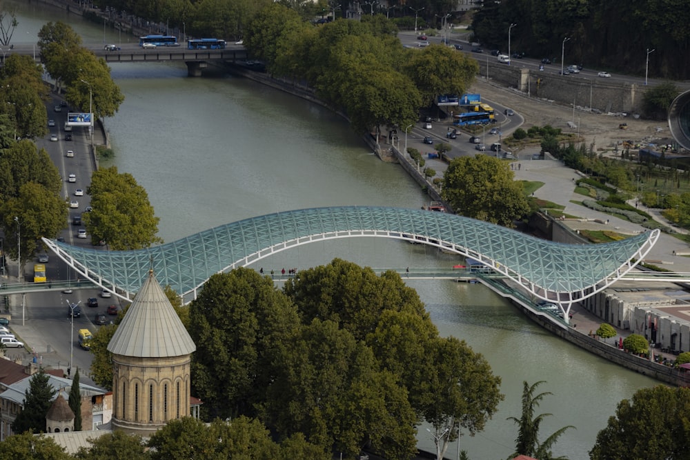 aerial photography of teal bridge