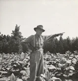 grayscale photography of old man standing on fiel