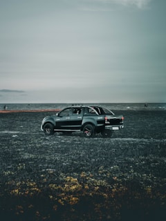 Pickup truck parked beside a rocky coastline under a clear blue sky.
