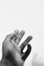 A minimalist blueprint-style illustration of a strong, open hand reaching out.