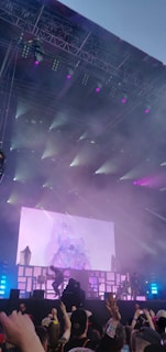 A lively concert scene with bright stage lights and a large screen displaying abstract visuals. The stage has performers and is surrounded by a crowd of enthusiastic fans with raised hands. The sky appears to be twilight, enhancing the colorful lighting.
