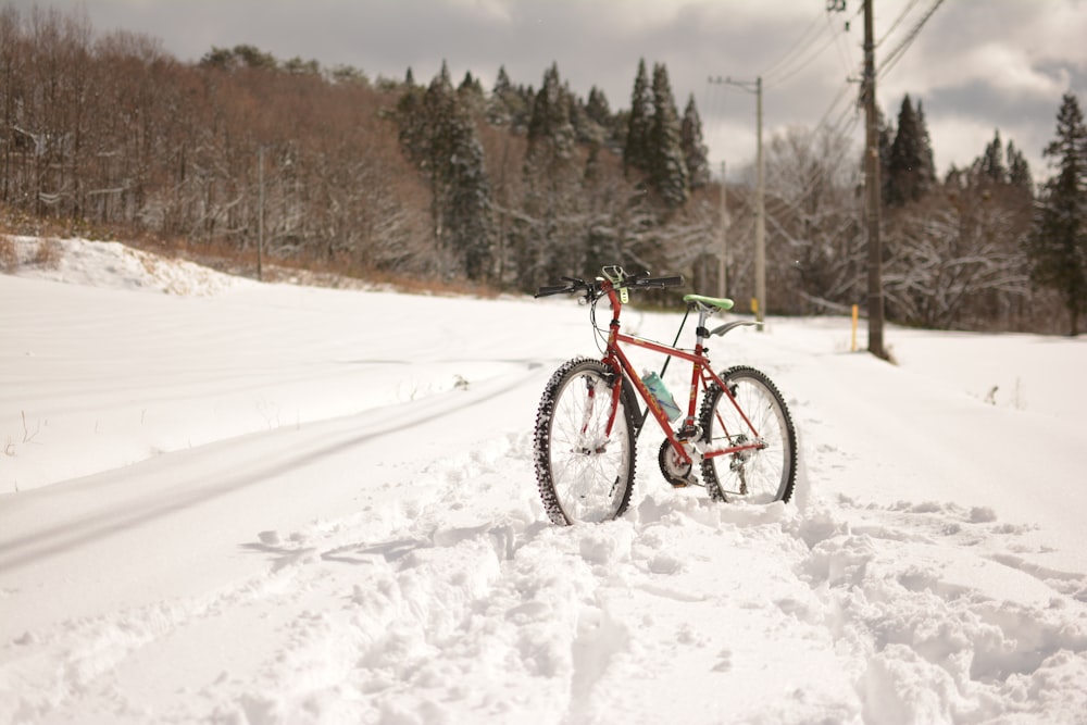 red bike standing in snow