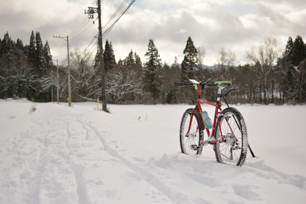 red rigid bicycle on snow field