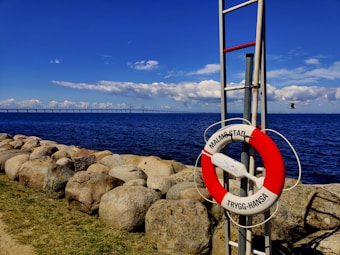 A scenic view of a coastal area with a lifebuoy attached to a metal pole in the foreground. Large rocks line the shore, leading the eye out to a vast expanse of calm sea. In the distance, a bridge stretches across the water beneath a partly cloudy sky. A seagull is captured in flight.