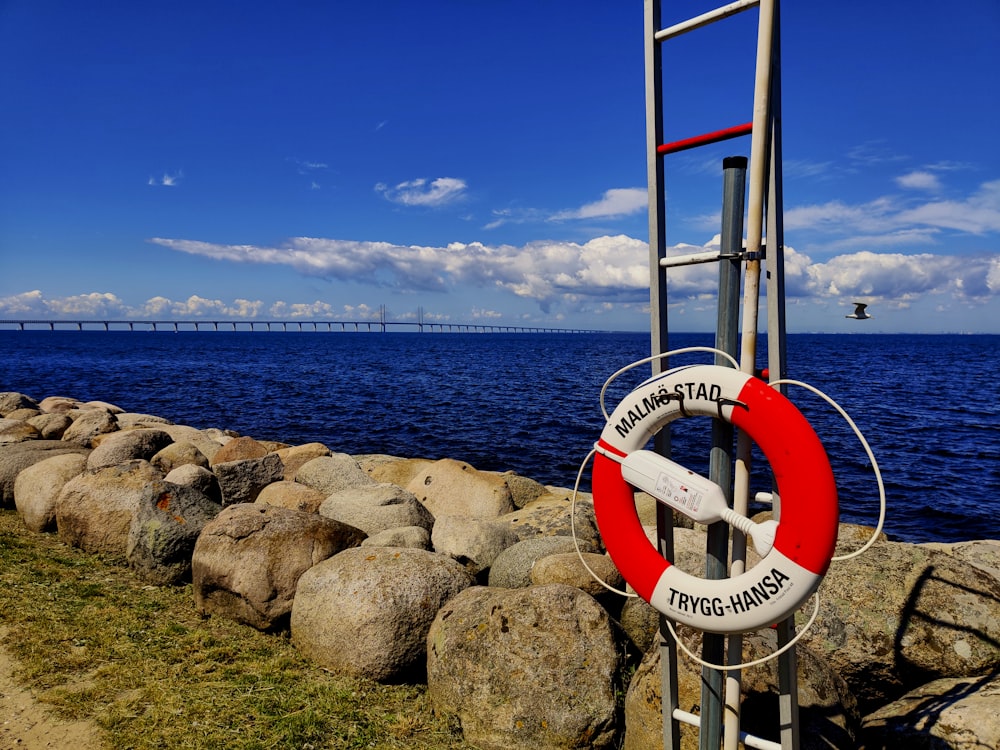 life saver on metal ladder at the bay during day