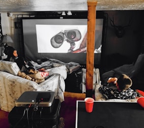 A family enjoying a movie night together, with a large screen and snacks.