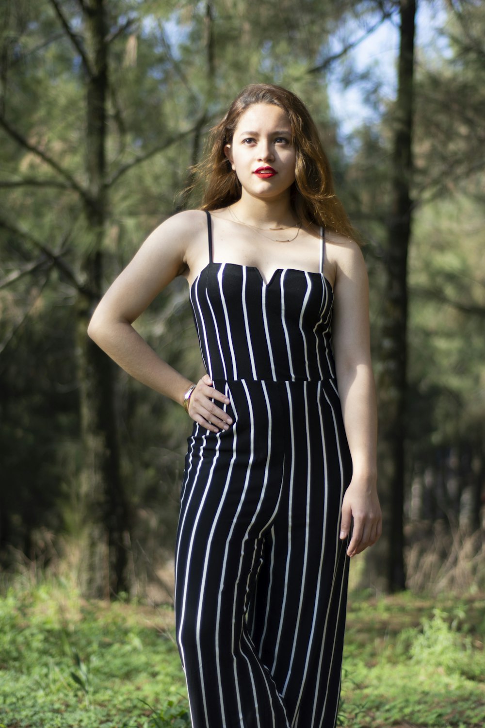 woman's black and white striped overall