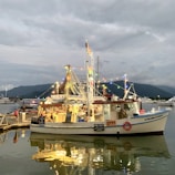 A fishing boat is decorated with colorful string lights and docked at a marina. People are sitting on the boat, suggesting it is being used as a dining venue. The water reflects the lights and the overall atmosphere is calm and serene. Surrounding the boat, mountains are visible in the background under an overcast sky.