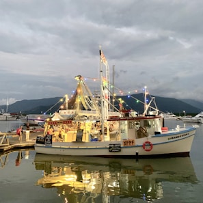 A fishing boat is decorated with colorful string lights and docked at a marina. People are sitting on the boat, suggesting it is being used as a dining venue. The water reflects the lights and the overall atmosphere is calm and serene. Surrounding the boat, mountains are visible in the background under an overcast sky.