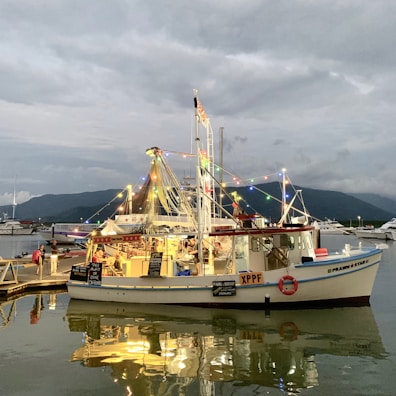 A fishing boat is decorated with colorful string lights and docked at a marina. People are sitting on the boat, suggesting it is being used as a dining venue. The water reflects the lights and the overall atmosphere is calm and serene. Surrounding the boat, mountains are visible in the background under an overcast sky.