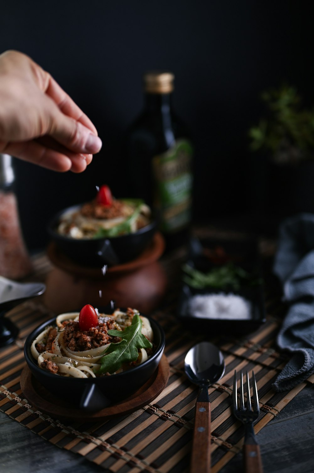 cooked food in black bowl