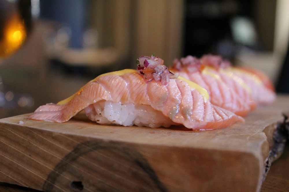 sushi set on a brown wooden tray